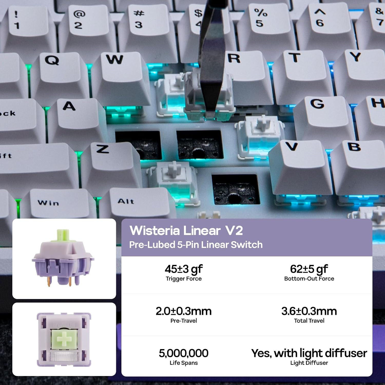 EPOMAKER Galaxy100 QMK/VIA Wireless Mechanical Keyboard, 8000Mah Battery, CNC Aluminum, Full Size Gaming Keyboard, Numpad, Usb-C/Bt5.0/2.4Ghz, Hot Swappable (White Purple, Wisteria Linear Switch) image number 1
