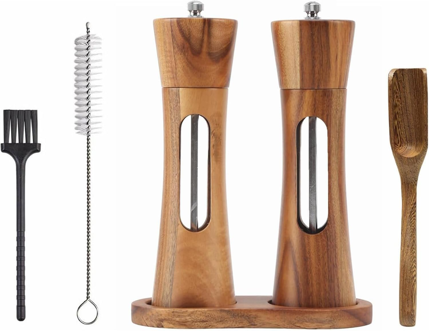 8 Inch Acacia Wooden Salt and Pepper Grinder Set with Tray, Manual Salt & Pepper Shakers with Adjustable Coarseness, Salt and Pepper Mills image number 3