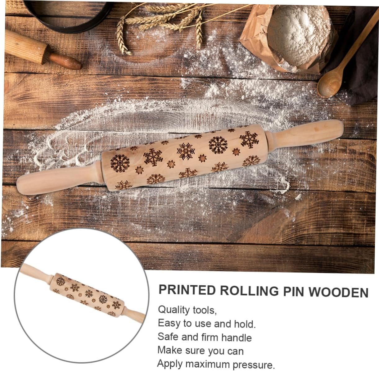 Wooden Snowflake Embossed Rolling Pin Christmas Pastry Roller Non-Slip Handle Baking Rolling Pins for Christmas Baking