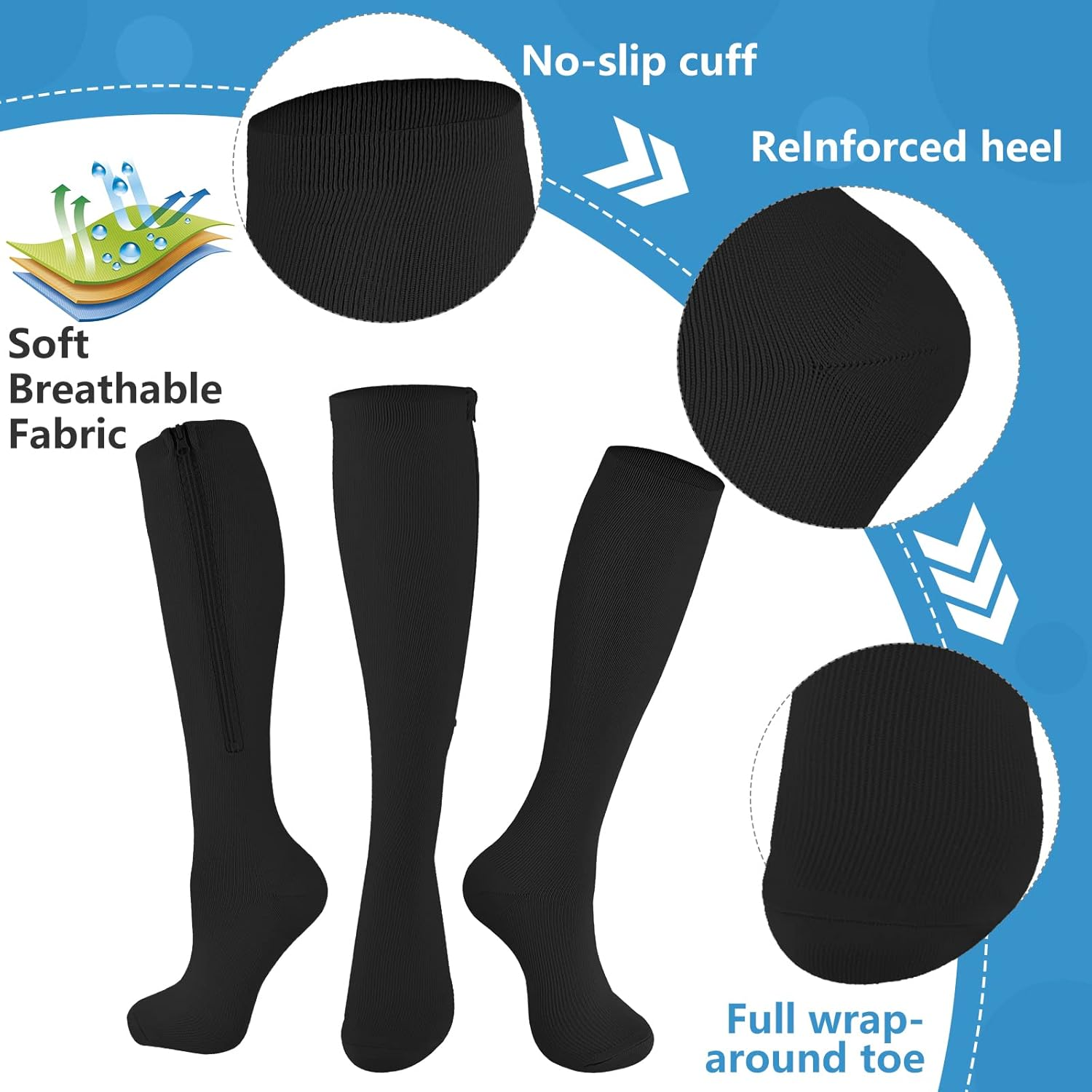 Bropite Zipper Compression Socks Women&Men 2 Pairs Knee High 15-20 Mmhg Closed Toe Compression Socks for Running, Varicose image number 3