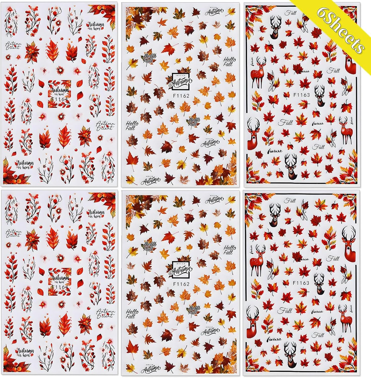 Fall Nail Art Stickers Autumn Maple Leaf Nail Decals 6PCS Autumn Leaves Deer Design 3D Self-Adhesive Nail Art Decorations Supplies Fall Stickers for Nails Women Thanksgiving Day DIY Manicure Decor image number 4