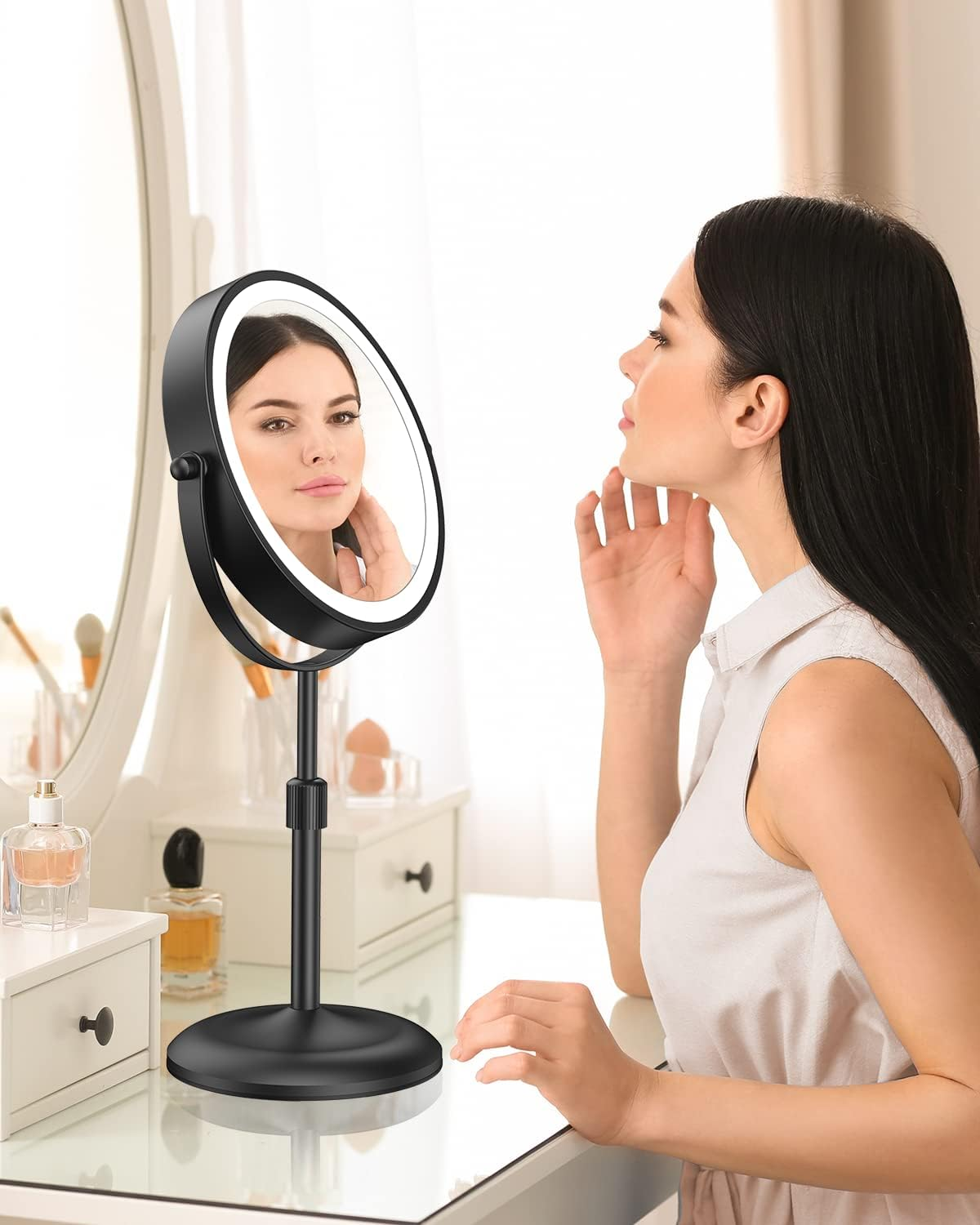 Benbilry Lighted Makeup Mirror with Adjustable Stand, [3 Color Dimmable Lights & 1X/10X Magnification & Type-C Rechargeable] 7" Double Sided Vanity Mirror, 360&deg; Swivel Cordless Standing Mirror Black - Gold image number 7