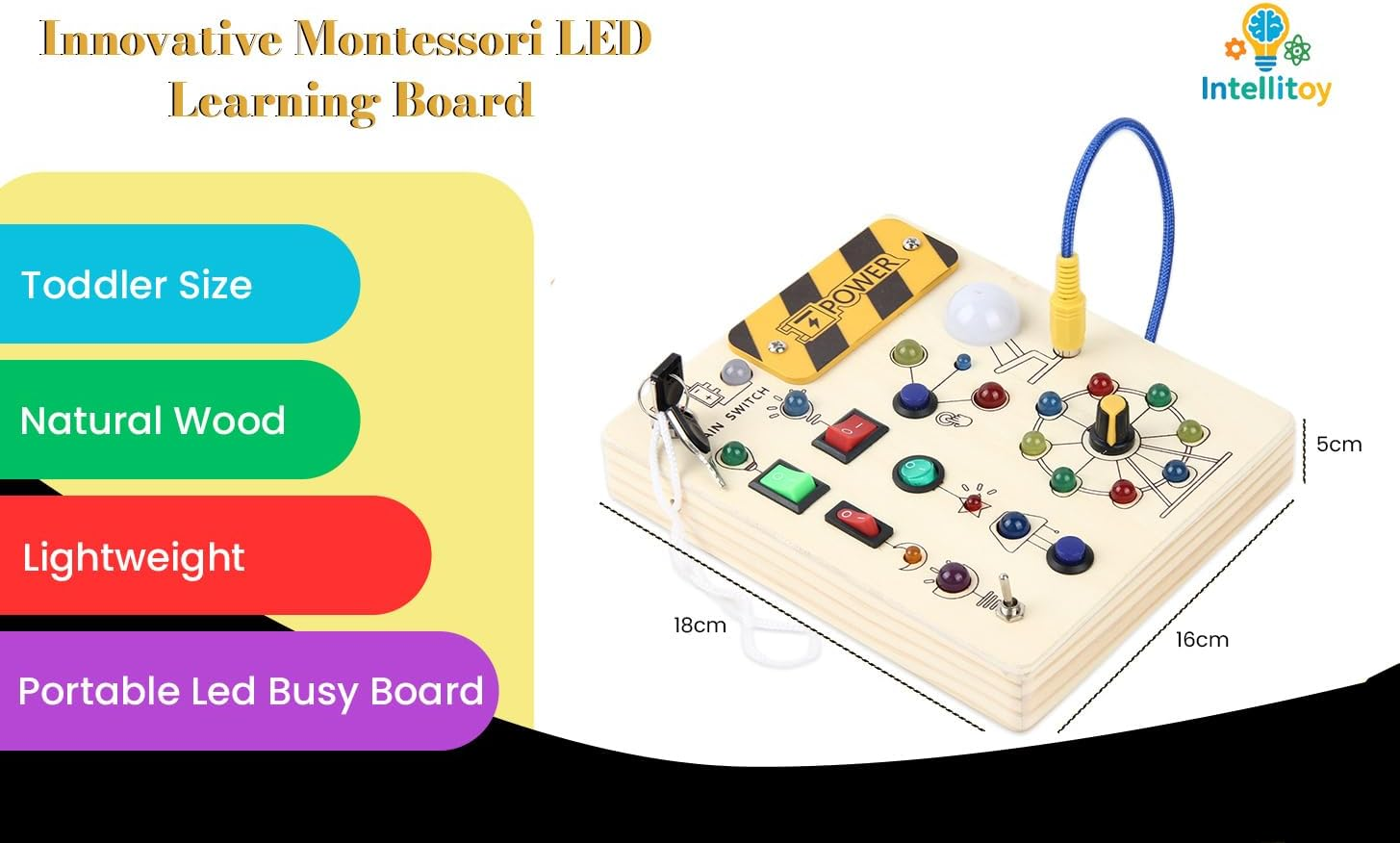 Intellitoy Montessori Busy Board for Toddlers 3+, Wooden Sensory Toddler Toys with LED Lights, Educational Travel Toys for Kids, Fine Motor Skills Learning Toy for Boys & Girls