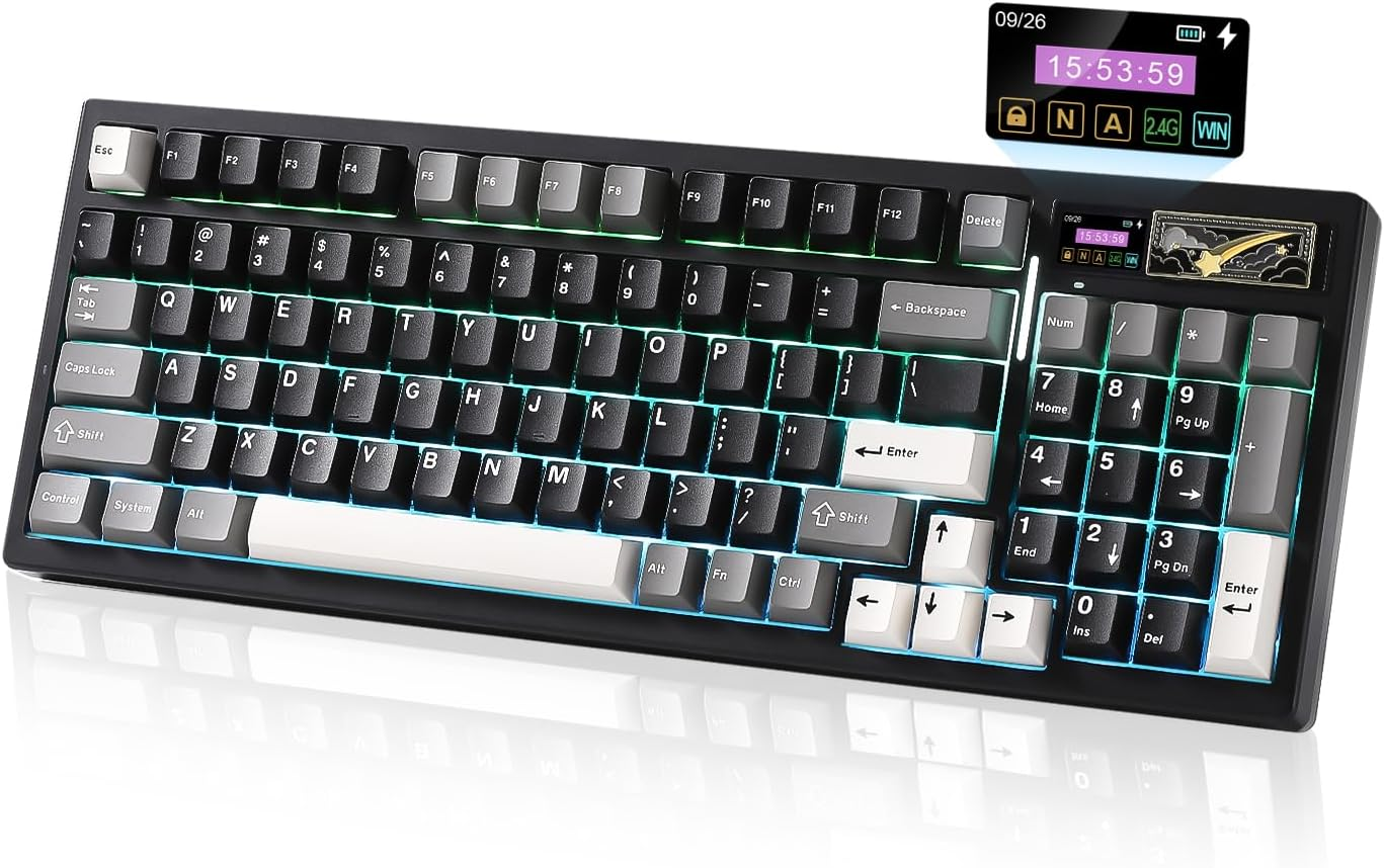 YUNZII IF99 Wireless Mechanical Gaming Keyboard with Smart ICD Display, QMK/VIA Programmable BT/2.4G/USB-C Gasket Mounted Hot Swap RGB 96% Layout for Mac/Win (Black, Zero Linear Switch)