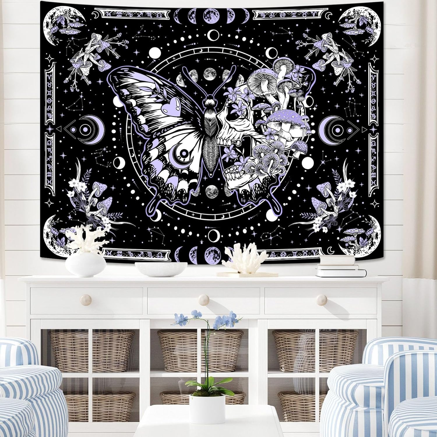 Fungarth Skeleton Butterfly Tapestry Purple Skull Hippie Mushroom Plants Tapestry for Bedroom Moon Phase Aesthetic Tapestries Wall Hanging for Living Room Dorm (60.00&rdquo; X 80.00&rdquo;, Purple) image number 3