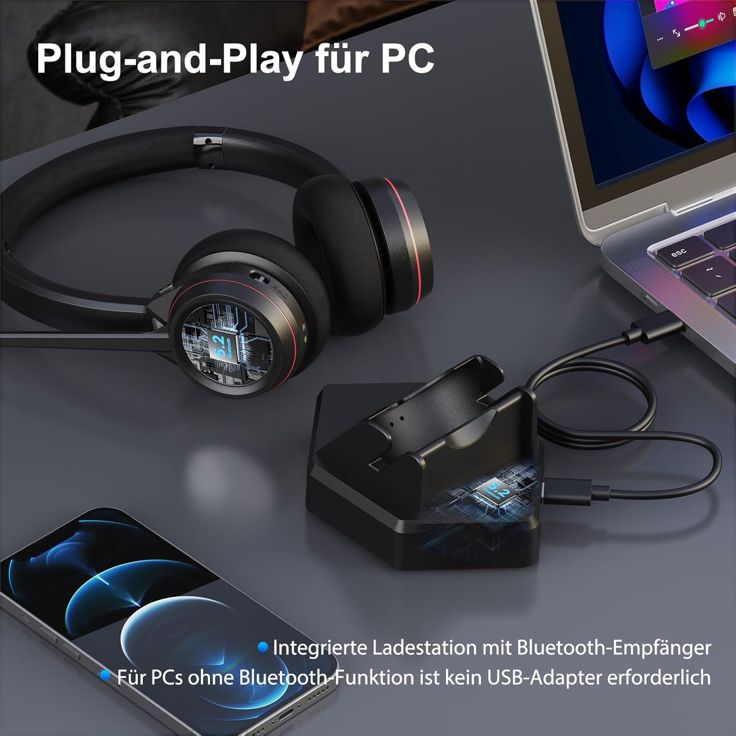 Beebang Wireless Headset, Bluetooth 5.2 Headset with Microphone & USB Dongle for PC, 40 Hours Talk Time Headphones Wireless for Mac Computer Skype Teams Zoom Laptop Office Call Centre Phone image number 2