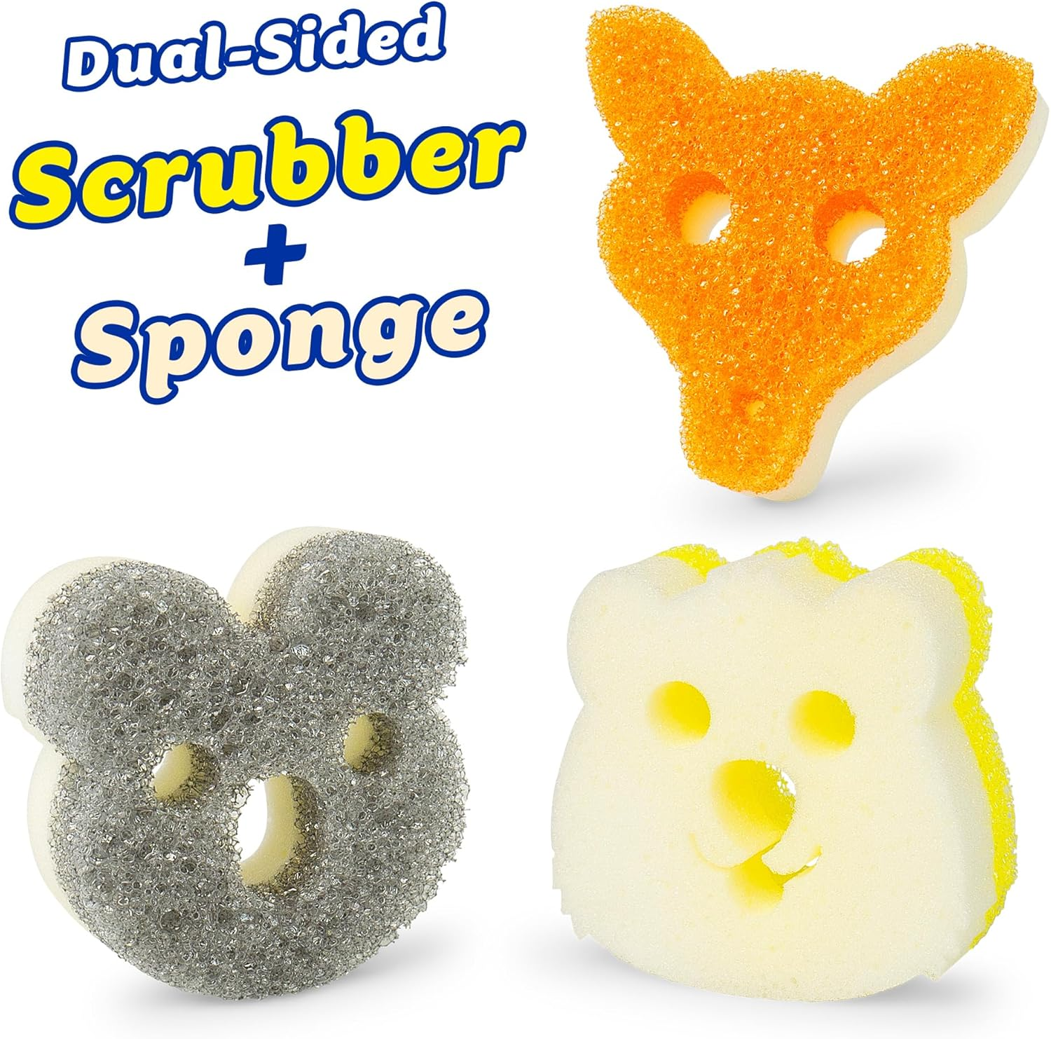 Scrub Mommy Aussie Shapes 3 Pack - Limited Edition Grey Koala, Yellow Quokka, Orange Kangaroo - One Side for Scrubbing, the Other for Mopping Up image number 3