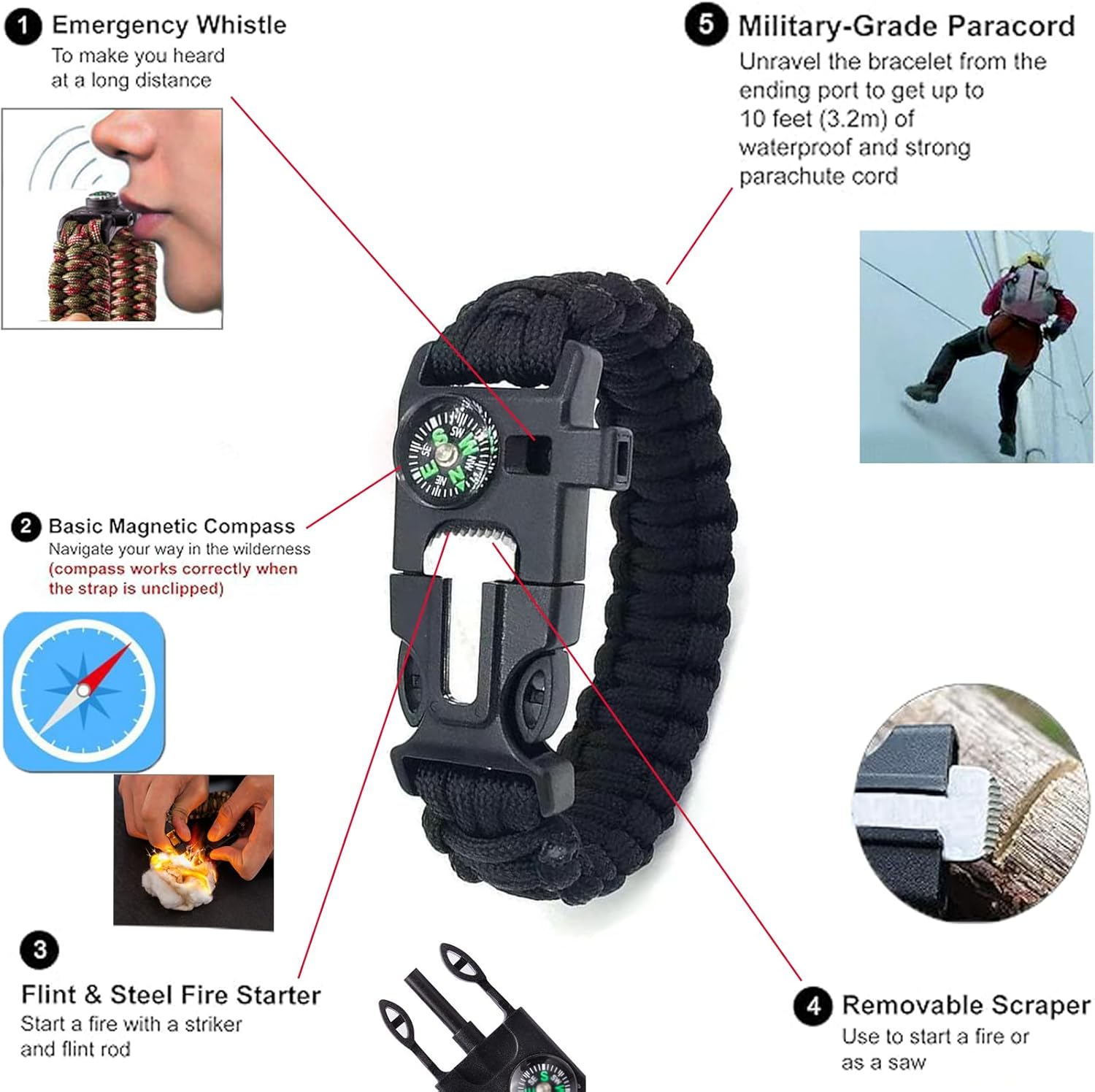 3 Pack Paracord Bracelet, 5 in 1 Paracord Bracelets,Fire Starter, Loud Whistle, Reliable Compass, Rope Cutter, Reliable Paracord image number 1