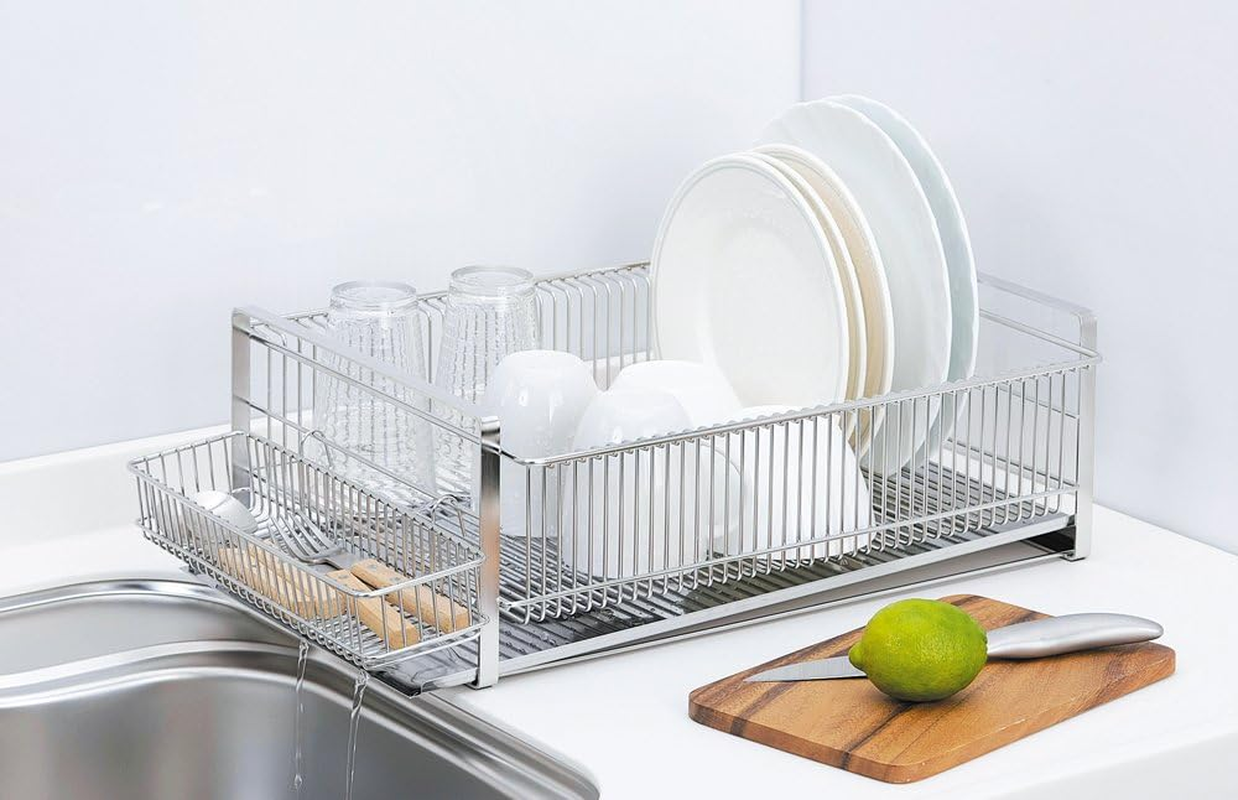 Shimomura Planning 35731 Simple and Refined Dish Drying Rack, Wide, Horizontal Placement, Made in Japan, Suitable for Various Tableware, Can Hold Small Items, Water Flow Tray, Chopsticks Pocket,