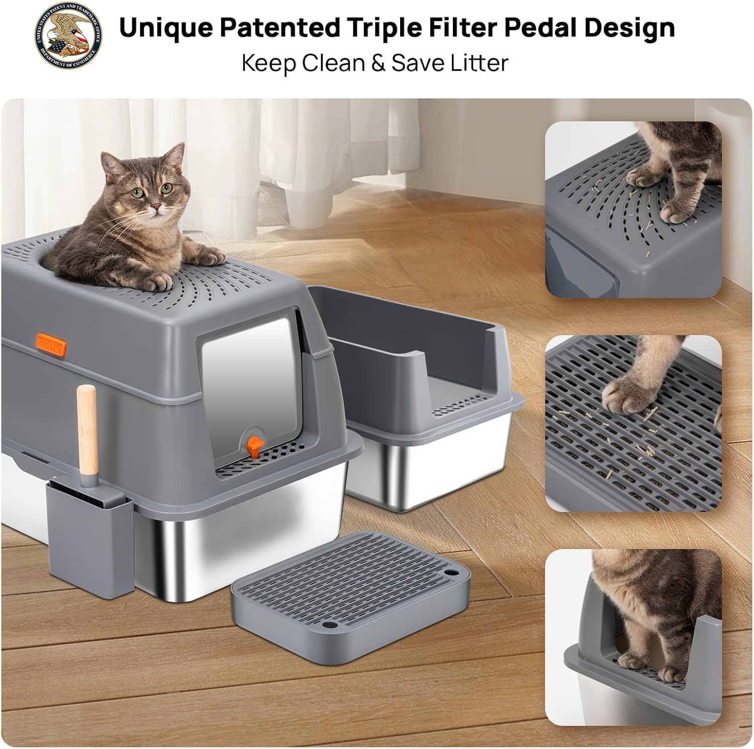 Stainless Steel Litter Box with Lid, SUS304 Metal Cat Litter Box, Enclosed Extra Large Kitty Litter Box High Wall, Jumbo Cat Litter Box with Triple Pedal, Non-Sticky, Anti-Leakage (XL Gray)