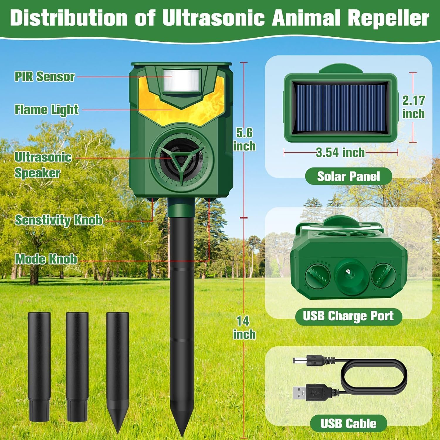 UOEPOWA Ultrasonic Cat Deterrents, 5 Sensitivity Modes Solar Cat Repellent Outdoor with Motion Detection, Bird, Fox, Raccoon, Mouse, Deer. for Chicken Coop, Farm,And Yard (1PC Green) image number 5