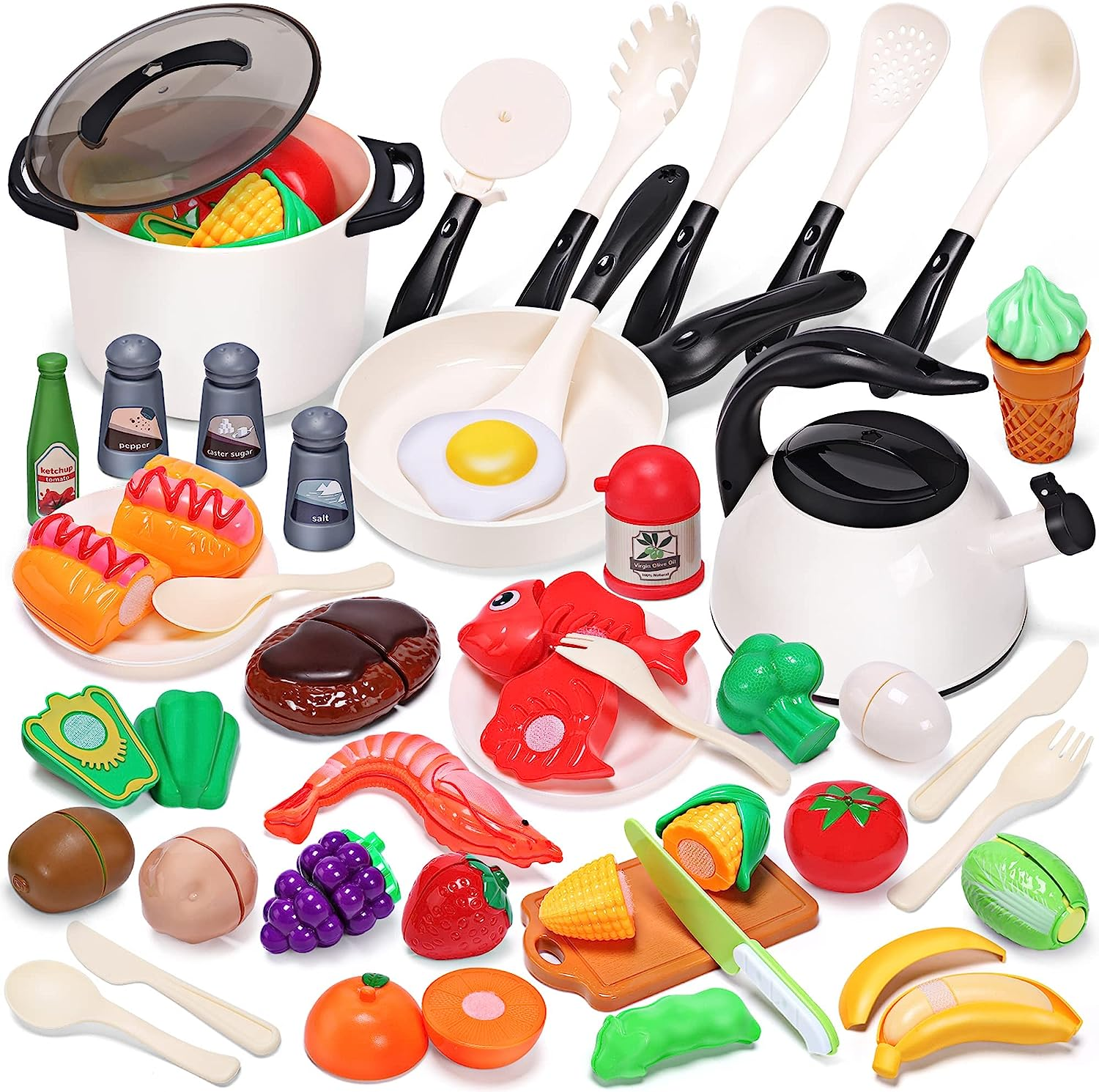 CUTE STONE Play Kitchen Accessories Toy, Play Food Sets for Kids, Pretend Kitchen Set for Kids with Play Pots, Pans, Toddler Cooking Toys for Girls Boys