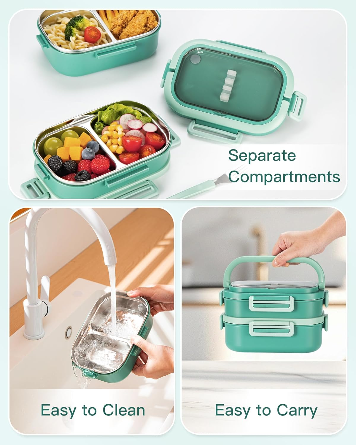 Lille Home Lunch Box, 2 Tier Bento Box with 4 Compartments 1650 ML Food Container with Cutlery Set, BPA Free, Leak-Proof(Green) image number 6