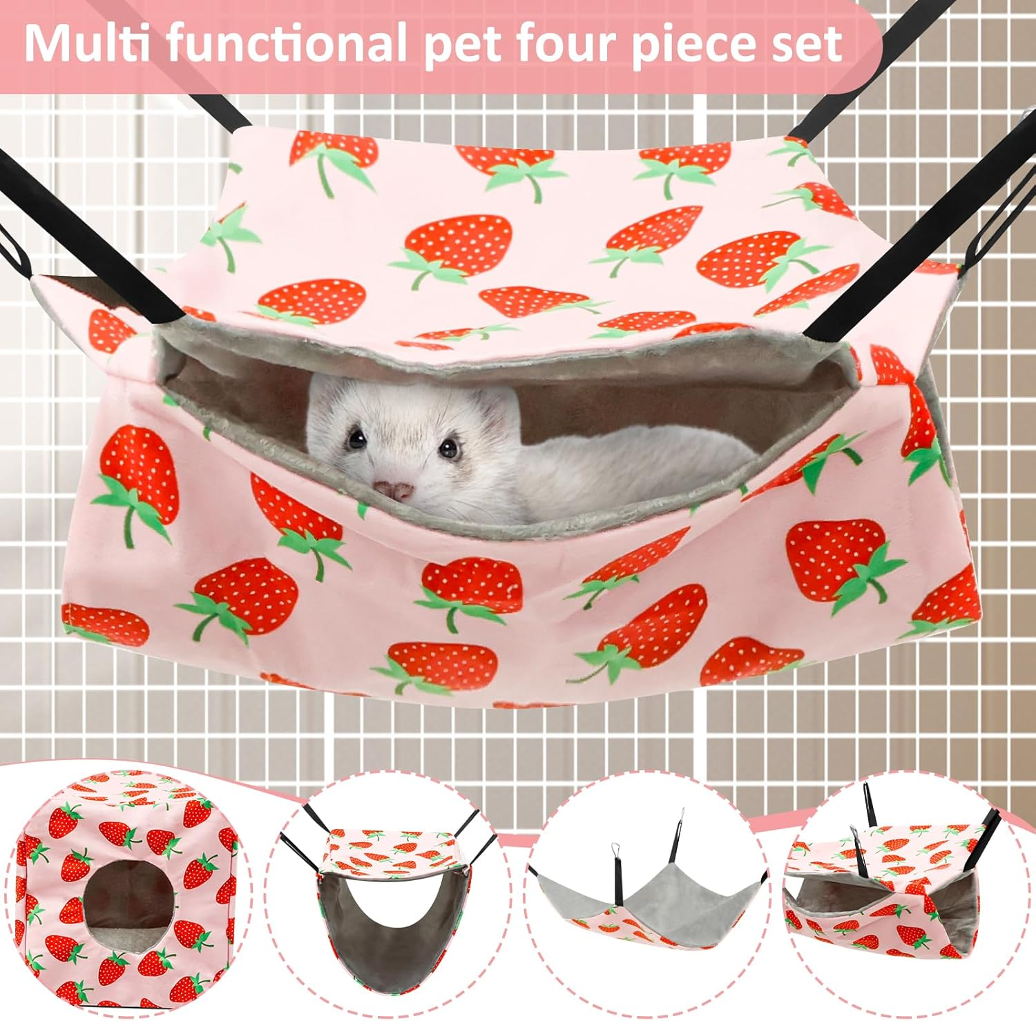 Pack of 4 Hamster Hammocks House, Hanging Swing Small Animals Bed Linen, Washable Rat Cage Accessories, Soft Plush Guinea Pig Bed Toy for Ferrets Rats Guinea Pigs Parrot (Pink)