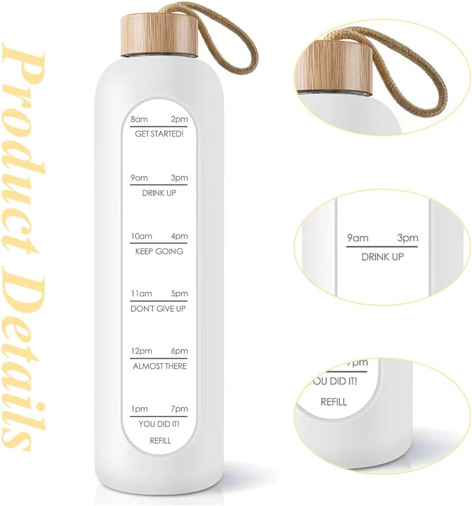 1000 ML Water Bottle, Time Marker Water Cup, Reusable Glass Tumbler, Motivational Water Bottles with Silicone Sleeve and Bamboo Lid, Drop Resistant Water Bottle for Gym Sports Outdoor