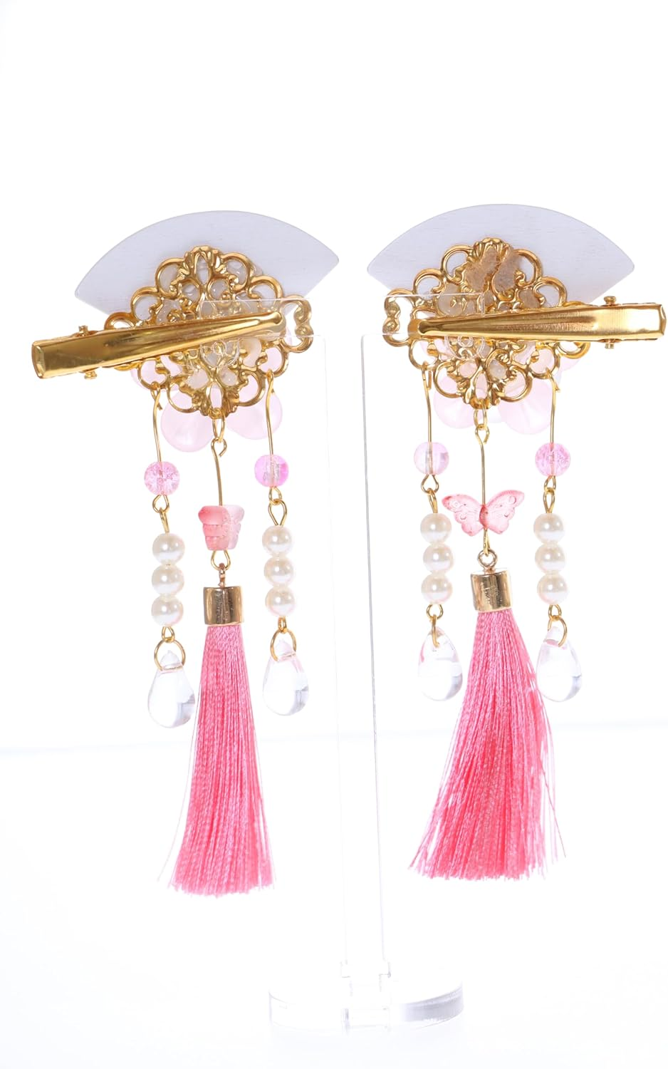 C-118-3 Pink Fan Shape Sakura Cherry Blossom Tassels Hair Clip Hair Clip Hair Clip Japanese Geisha Kimono China Hanfu Accessory image number 3