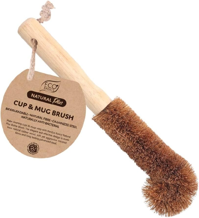 Eco Basics Natural plus Cup & Mug Brush &ndash; Ethically Handmade by Female Artisan, Natural Rubber Wood & Coconut Fibers, Plastic-Free, 24X6 Cm, Eco-Friendly Cleaning for Cups & Mugs