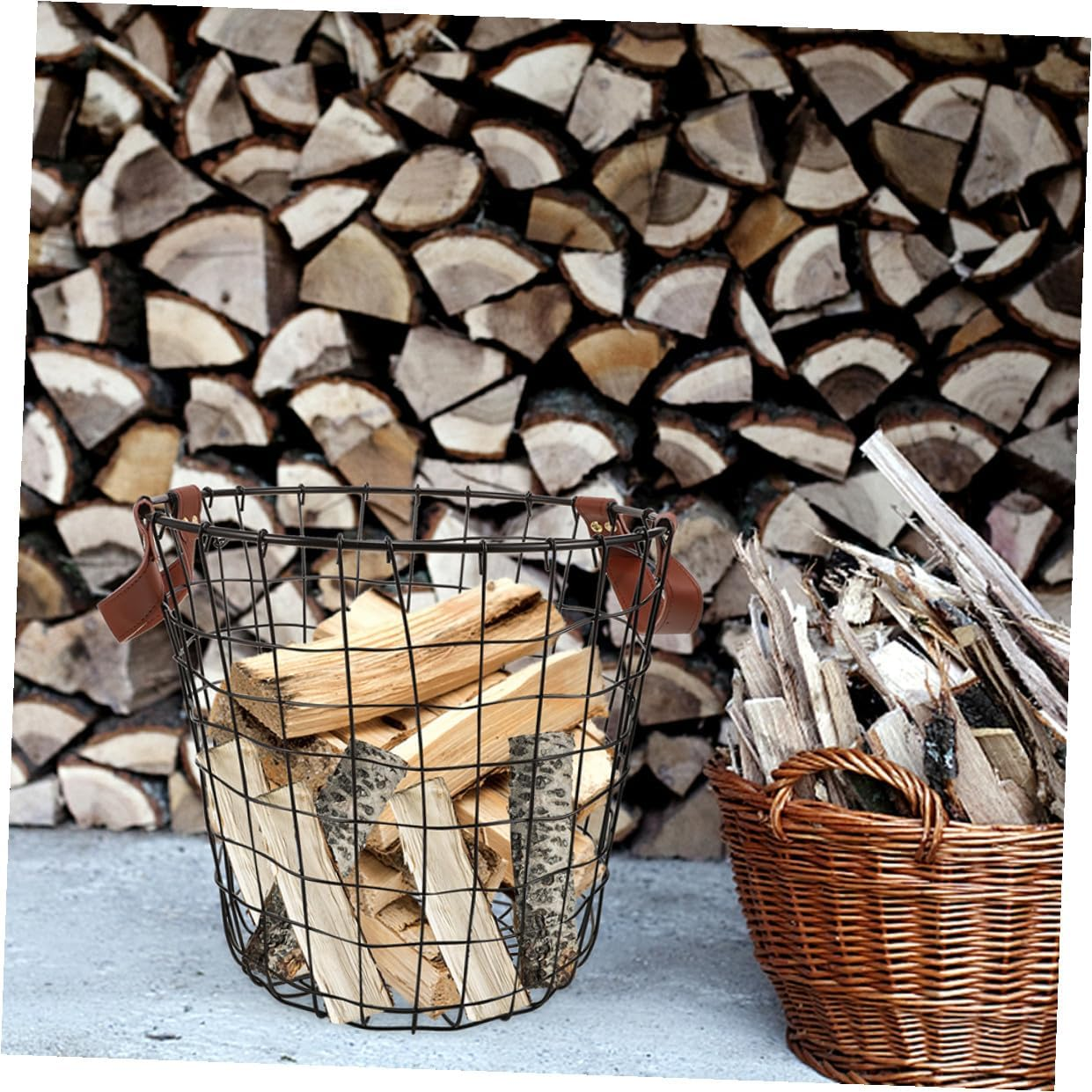2Pcs Rustic Firewood Storage Baskets with Handles Metal Wire round Log Holders for Indoor Outdoor Large Capacity Firewood Carriers Farmhouse Style Storage Bins image number 6