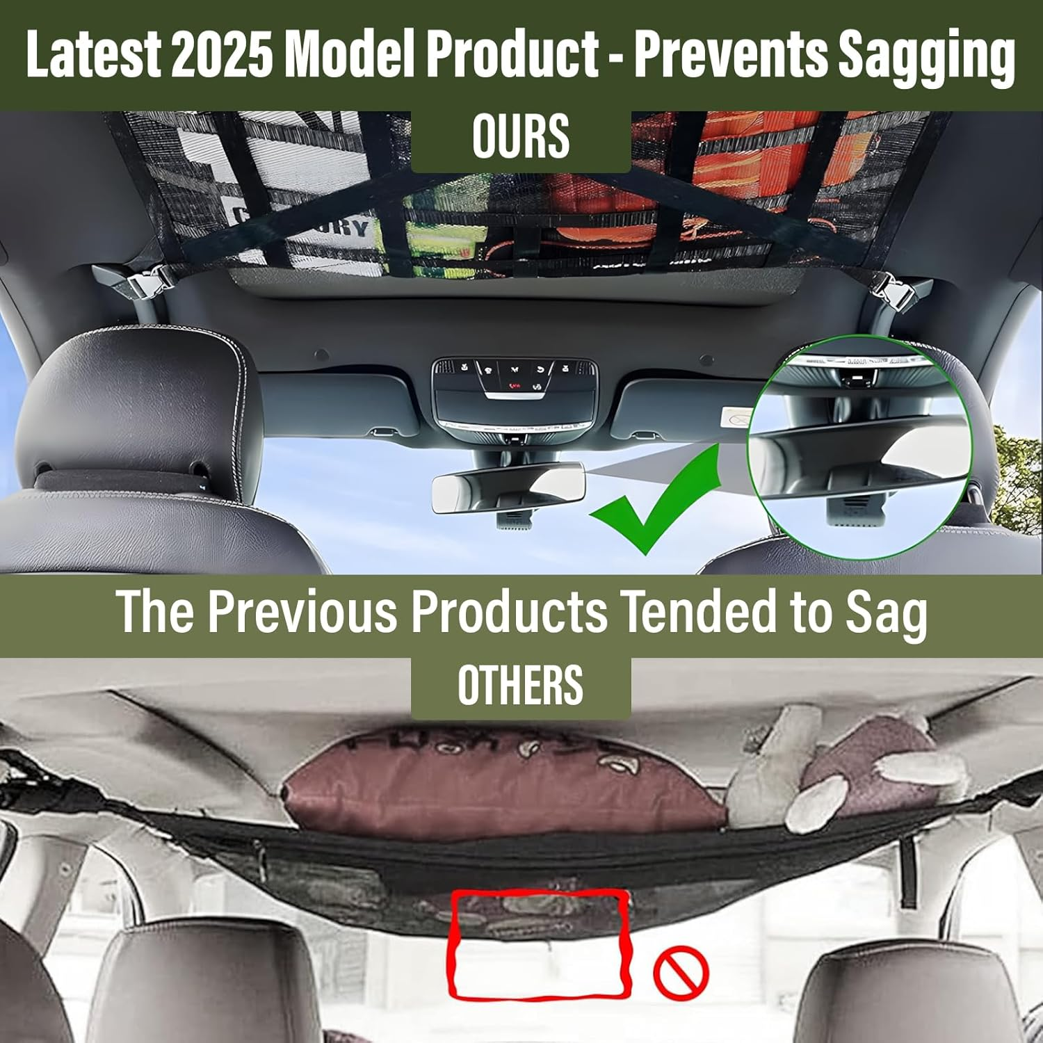 Supcomsta Car Ceiling Cargo Net with Pocket, 30.5In X 20.9In and 35.4In X 25.6In Car Ceiling Storage for Cars and SUV, Double-Layer Cars Cargo Carrier Roof Organizer Automotive Accessories (Large)