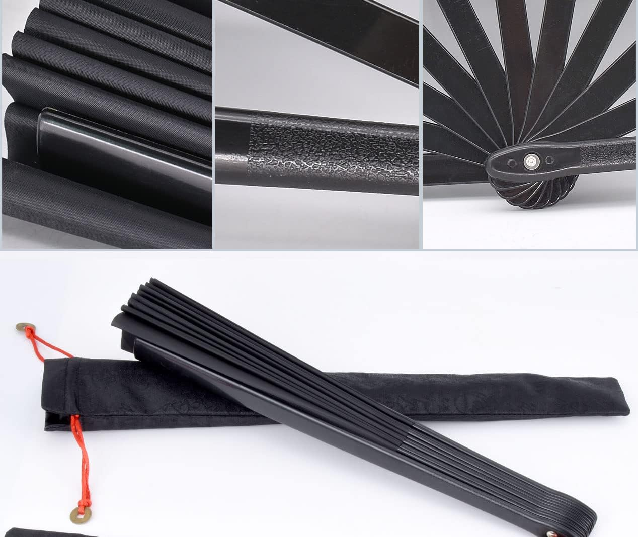 Folding Fan Black Large Hand Fan Chinese Kung Fu Tai Chi Hand Held Plastic-Nylon Folding Fans for Men with a Fabric Case for Protection 13Inch (Folding Fan Black) image number 2
