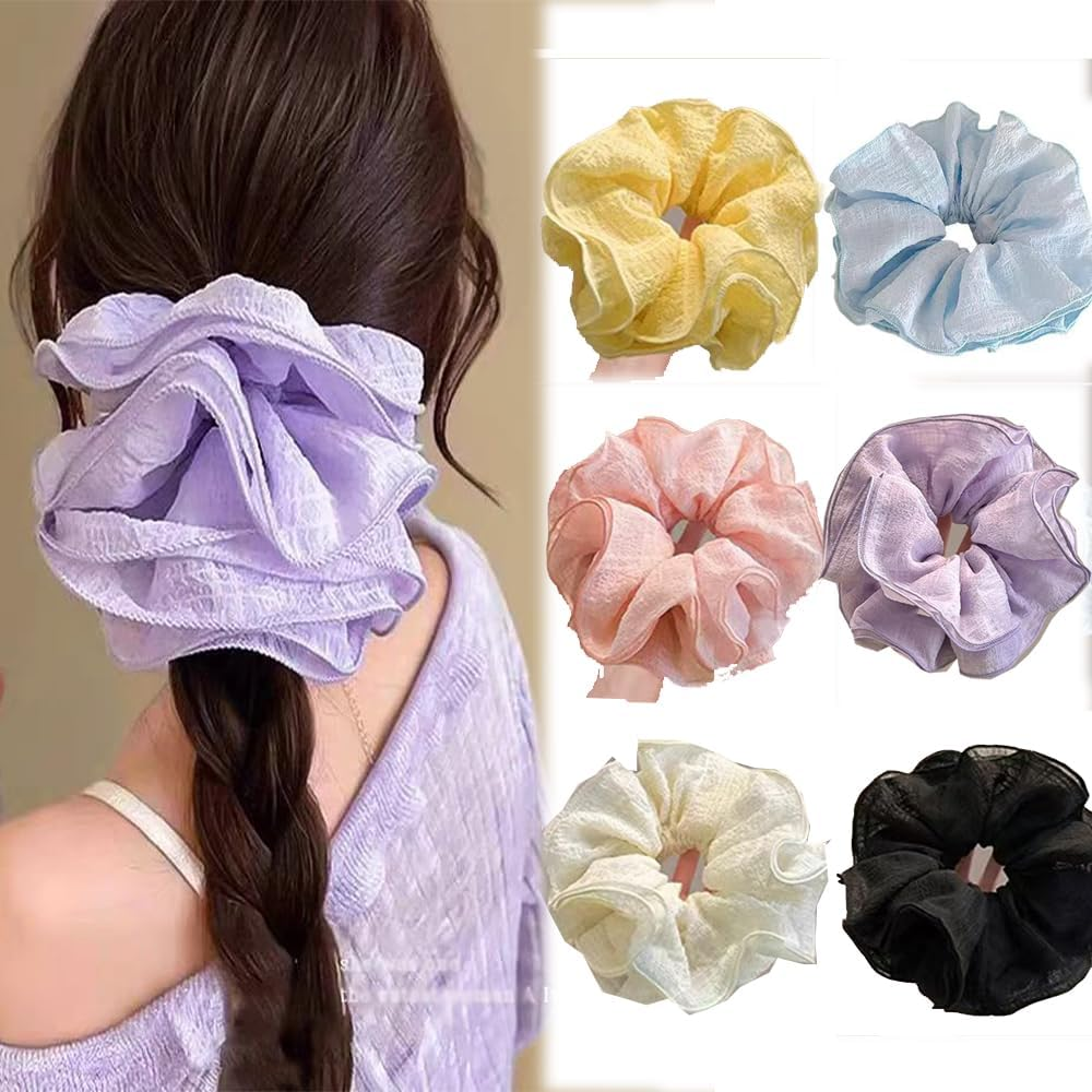 Chiffon Scrunchies Hair Scrunchies with Large Flower Women'S Elastic Bands Soft Elastic Ponytail Holder for Women Girls Hair Accessories (Style I, Pack of 6) image number 2