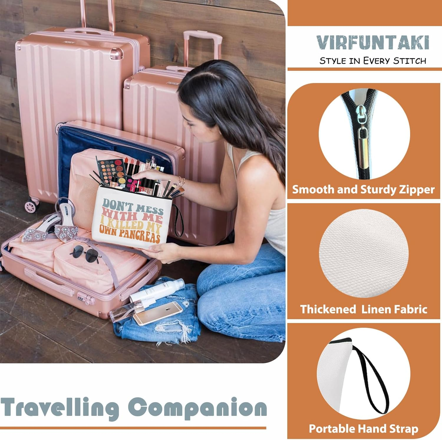 Diabetes Zipper Bag Type 1 Diabetes Support Diabetes Awareness Gift for Women Diabetic Survivor Funny Diabetes Makeup Bag Lazy Pancreas Club Pancreas Society Crew Present Cosmetic Travel Organizer image number 4