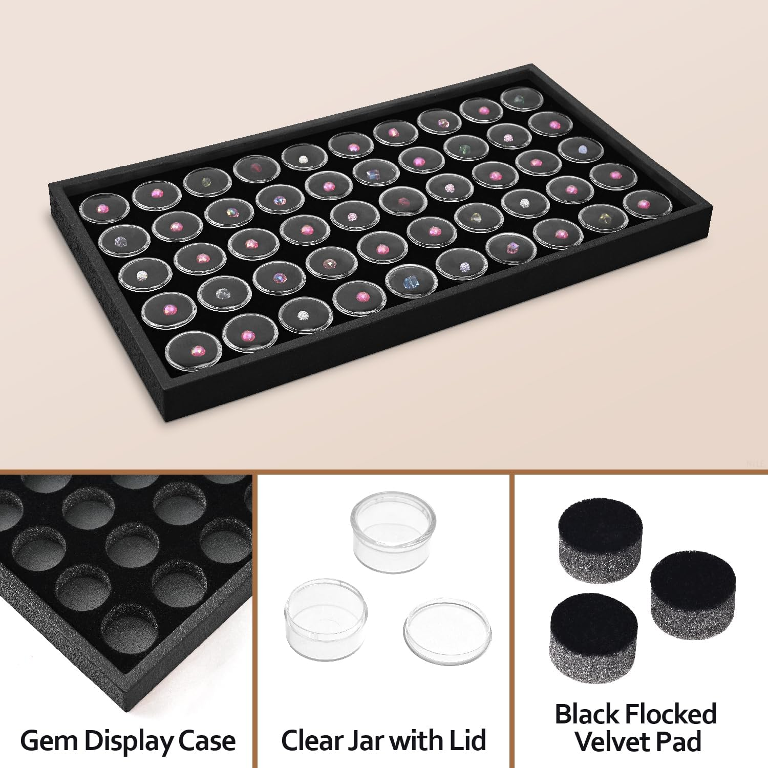 Ikee Design Black Foam Gem Jars Showcase Stackable Display Tray for Collectibles, Home Organization Storage Box with 50 Gemstones and Bead Storage Jars image number 6