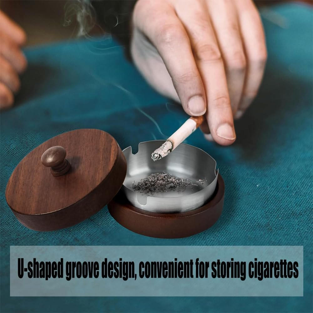 Paifeancodillwooden Ashtray with Lid and Stainless Steel Liner, Portable Ash Tray for Indoor Outdoor Use, Home Office Balcony Parties, Elegant Design (Silvery) image number 5