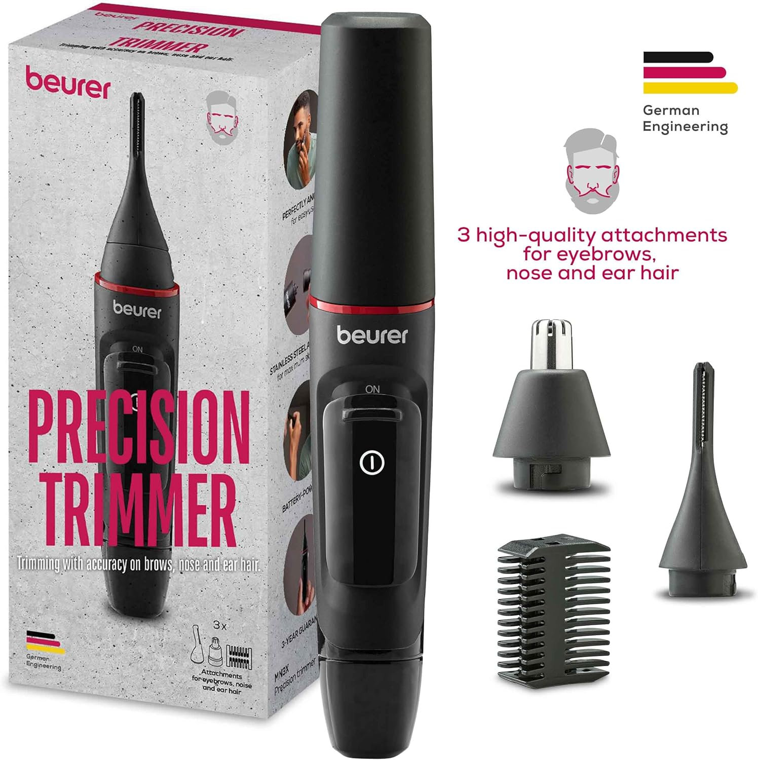 Beurer MN3X Precision Trimmer, Battery Powered Hair Trimmer, 3 High-Quality Attachments Trimmer for Shaping and Trimming Nose, Ear and Eyebrow Hair, Waterproof image number 4