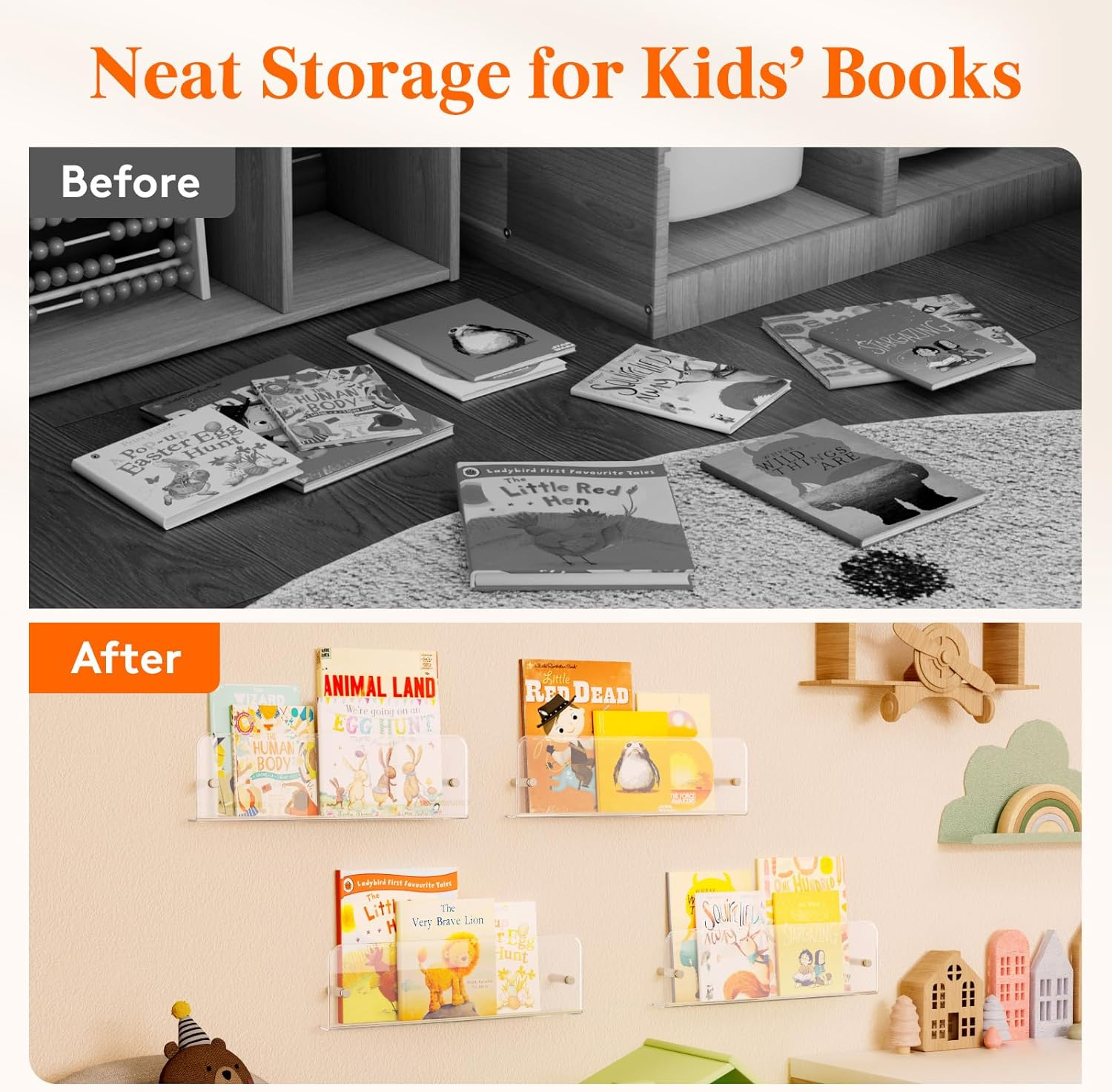 Lifewit Nursery Bookshelf 4 Pack, 15" Floating Shelves for Wall Mounted, Clear Acrylic Kids Magazine/Picture Hanging Racks for Baby/Toddler/Children in Bedroom, Living Room Decor image number 2