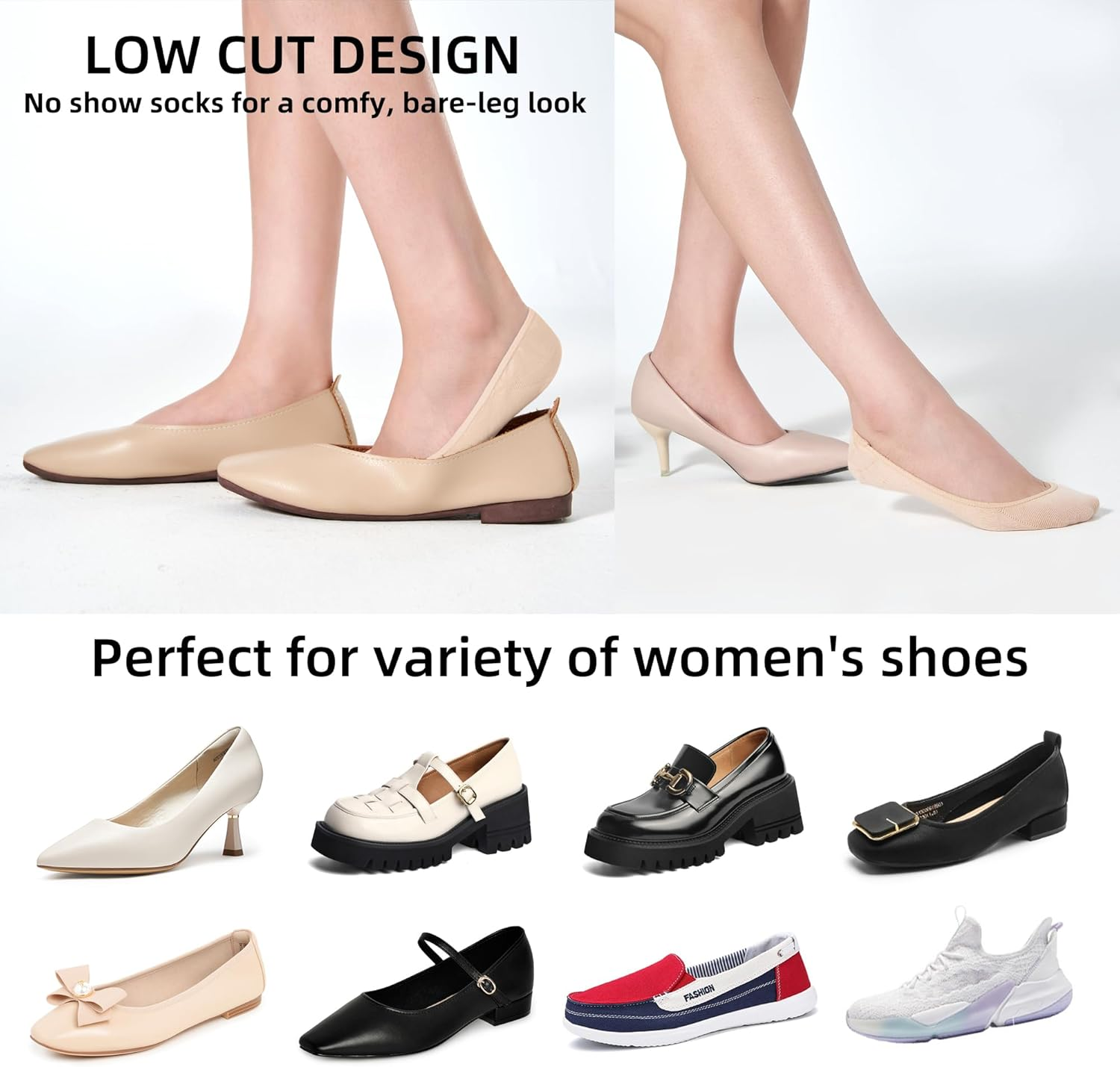 6 Pairs No Show Socks Womens, Ultra Low Cut Liner Non Slip Footies Socks for Flats Invisible Boat Shoe Size 5-9/9-11