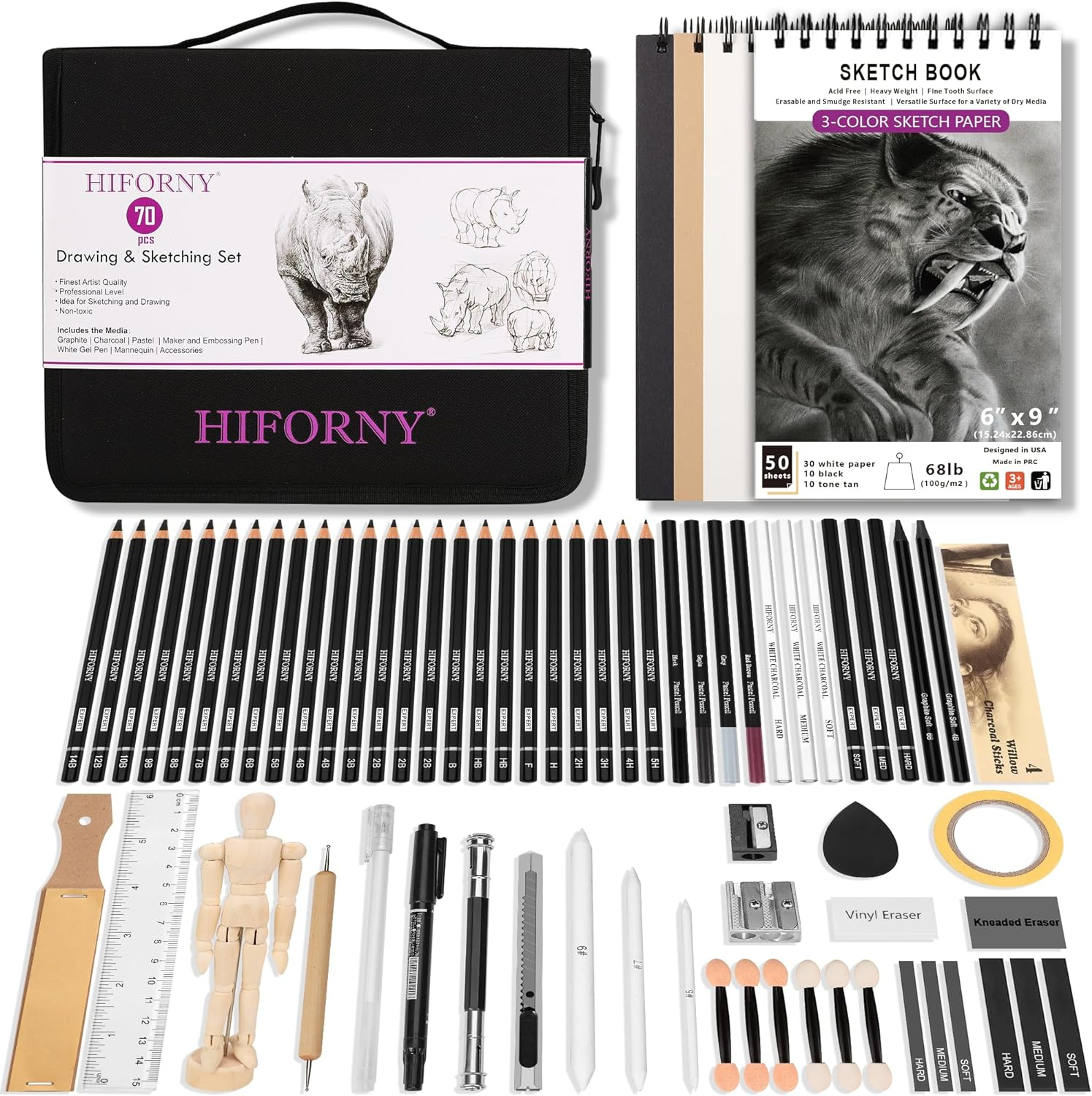 HIFORNY 70 Pcs Drawing Set Sketching Kit - Sketch Pencils Art Supplies for Adults Artists Kids with 3-Color Sketchbook,Graphite,Pastel,Charcoal Pencils,Blending Tools image number 4
