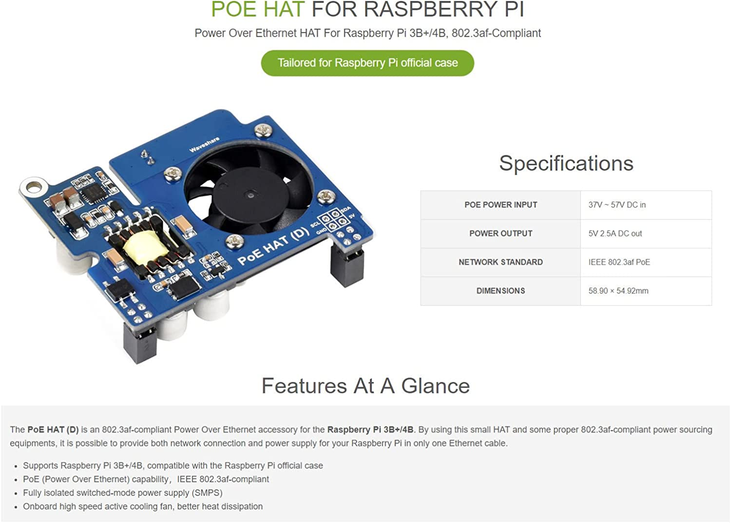 Waveshare POE Hat,Power over Ethernet HAT (D) for Raspberry Pi 3B+/4B 802.3Af-Compliant Official Case Compatible image number 4