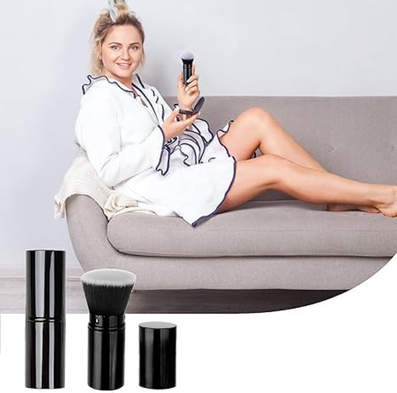 Black Retractable Make-Up Brush, 2Pcs Retractable Kabuki Makeup Brushes with Flat and Oblique Top, Retractable Kabuki Makeup Powder Foundation Makeup Brushes image number 2