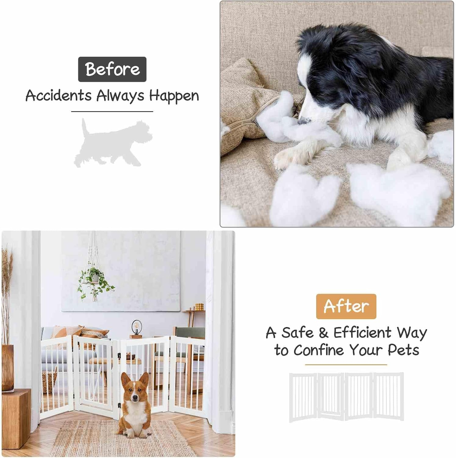 Costway 207 X 77 Cm Freestanding Pet Gate, 4 Panel Retractable Wooden Folding Dog Fence W/Walk through Door, 360&deg; Rotatable, Indoor Safety Gates for Stairs Doorways Hallways Bedrooms (White, 4 Panel) - White image number 5