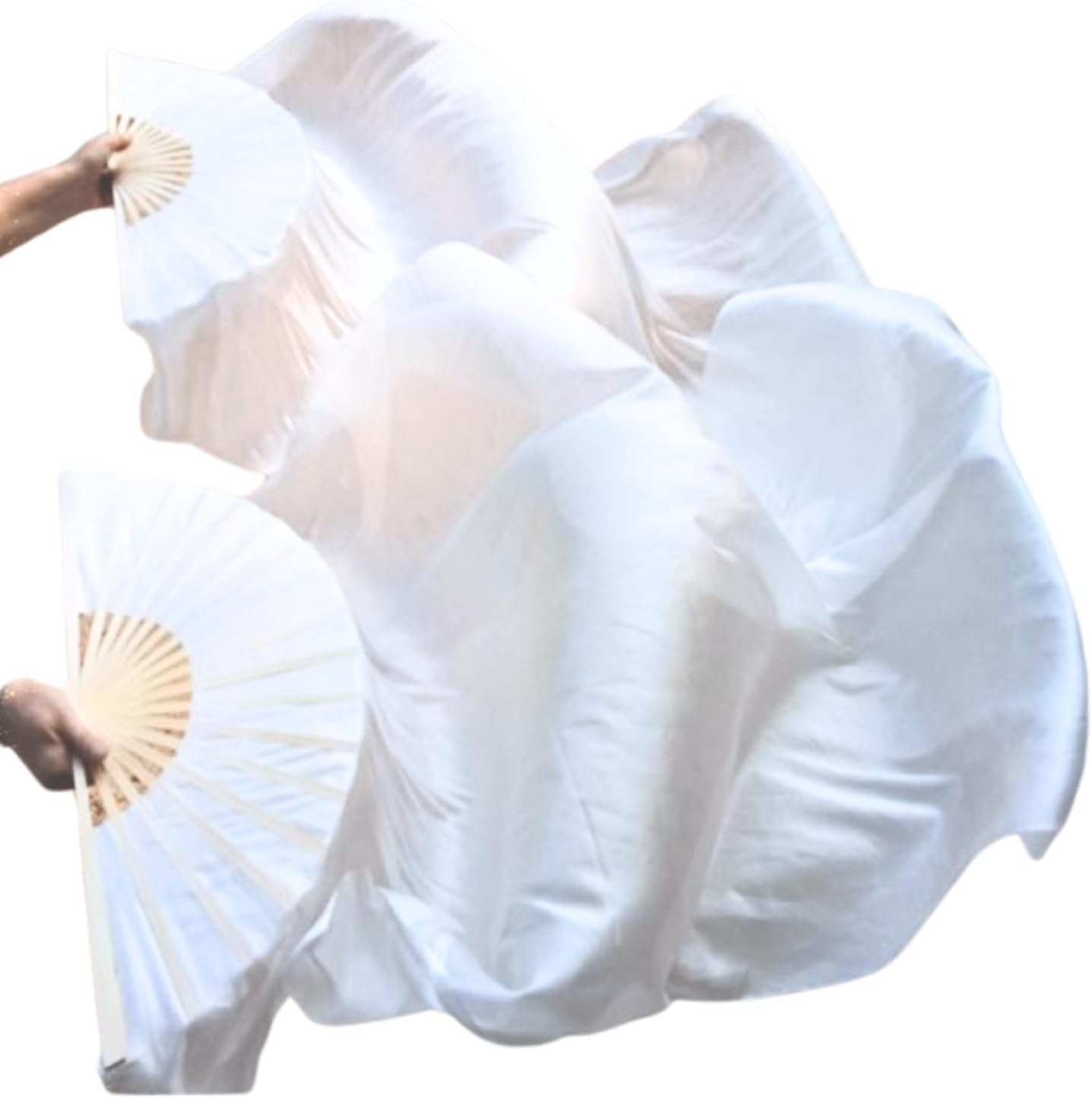 Belly Dance Faux Silk Veil Fans, 1 Pair (Left+Right) Faux Silk Bamboo Long Fans Veils, Handmade Belly Dance Dancing Silk Fans, Dance Performance