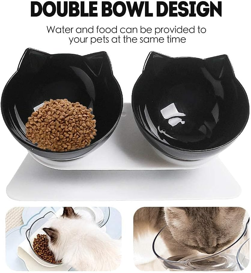 Cat Bowls Double Elevated with Raised Stand, 15&deg;Tilted Cat Bowl Design Neck Guard Stand Raised Pet Food Water Feeder Bowl for Indoor Cats and Small Dogs Kitten Dishes Rabbits (Black) image number 3