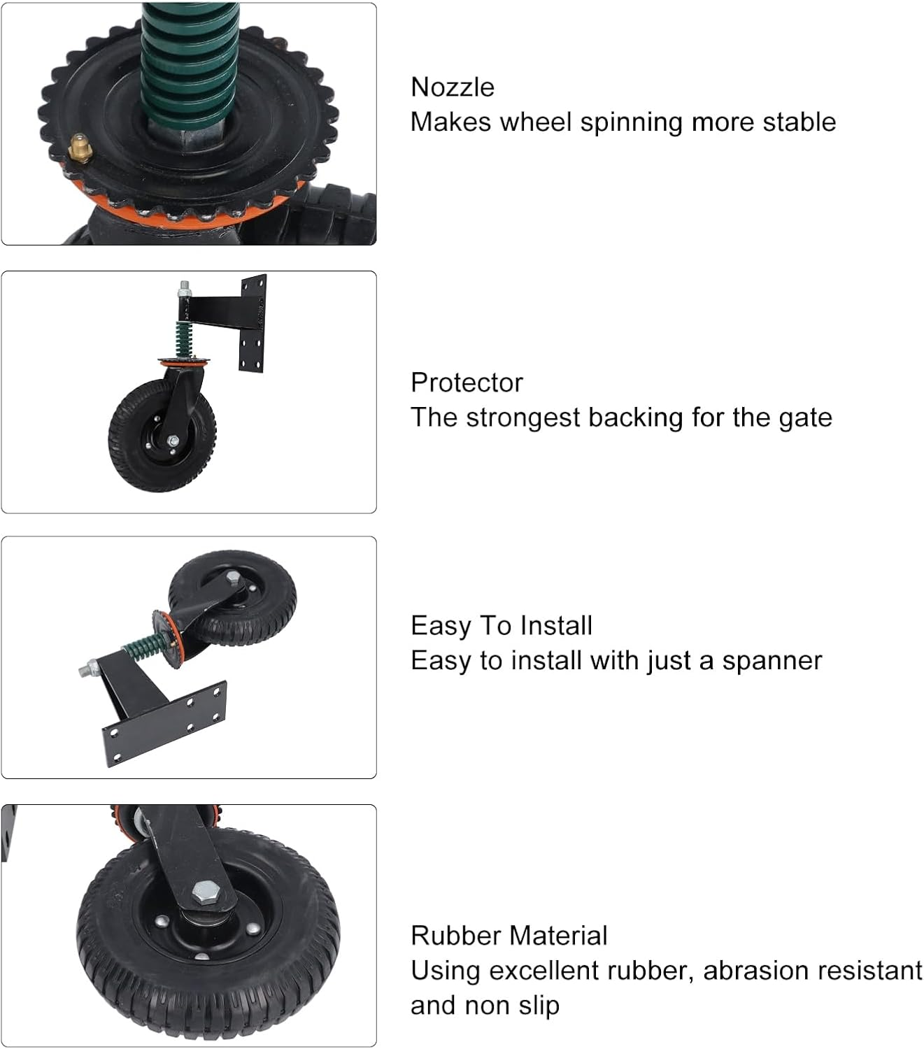 600Lbs Load Capacity Gate Wheel, 8In Metal Gate Support Wheel, Spring Loaded Gate Caster Wheel for Swing or Rolling Gates - Universal Mount Plate, Rubber Wheels, Proof (Black) - Black image number 5