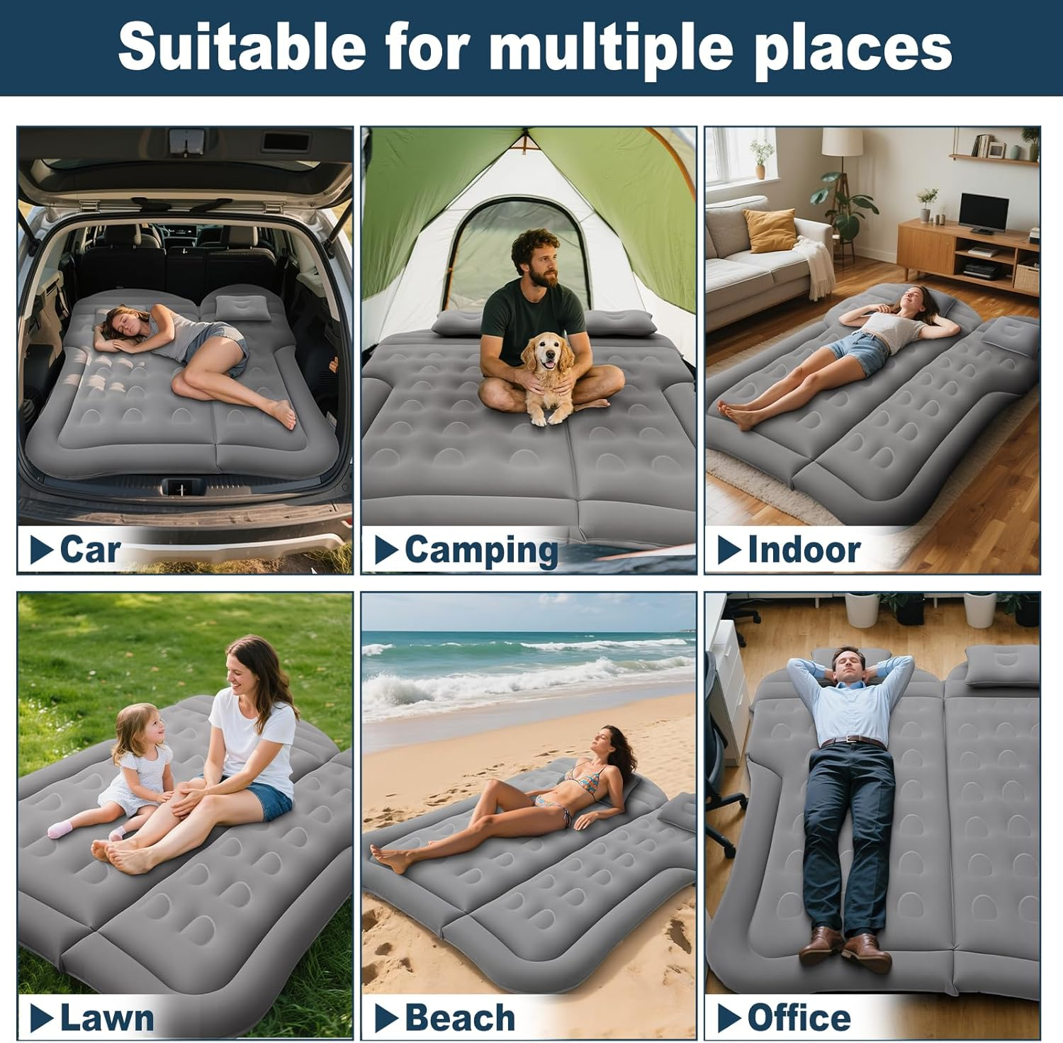 Car Air Mattress, Inflatable Thickened Flocking Travel Camping Bed with Air Pump 2 Pillows, Upgraded Honeycomb Structure, Mobile Cushion, Portable Sleeping Bed for SUV Trunk Rear Seat (Gray) image number 5