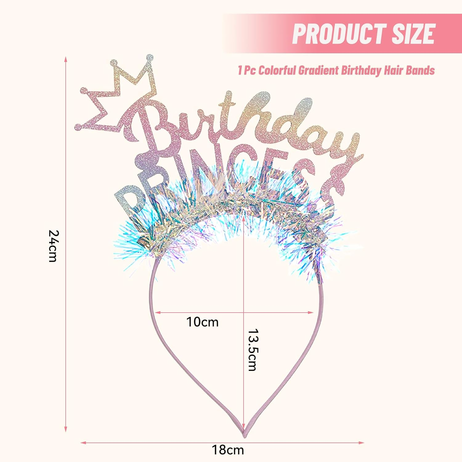 Charmburst Colourful Birthday Crown for Girls, Glitter Headband with Colour Gradient and Fine Fringe for Children'S Birthday, Party or as a Festive Gift