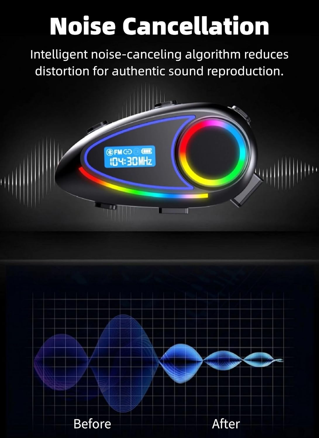 Diyeeni Motorcycle Helmet Bluetooth Headset, IP65 Waterproof Wireless Helmet Headphone with Noise Cancellation, Helmet Intercom Communication System, LCD Screen, FM Radio, EQ Settings image number 6