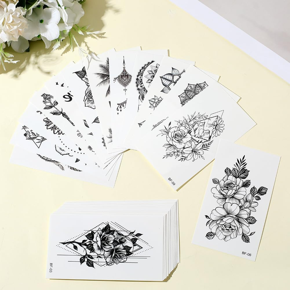 Craspire 30 Sheets Black Flowers Temporary Tattoos Women Men Removable Floral Rose Leaf Branch Sticker Paper Waterproof Realistic Long Lasting Make up for Body Clavicle Arm image number 3