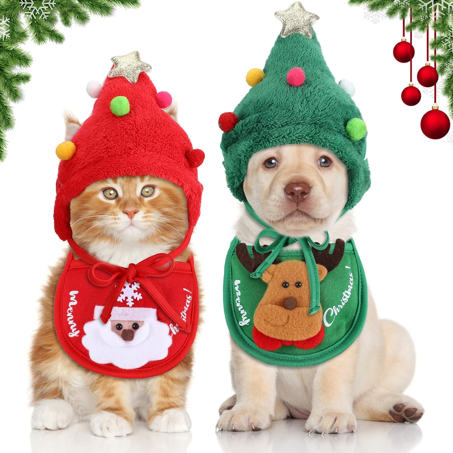 Lauwell 4 Pcs Christmas Dog Pet Costume Include 2 Christmas Tree Hat Small Dog Headgear and 2 Adjustable Collars Bib Santa Elf Cat Bib for Xmas Dog Cat Outfit Clothing Party Accessory image number 3