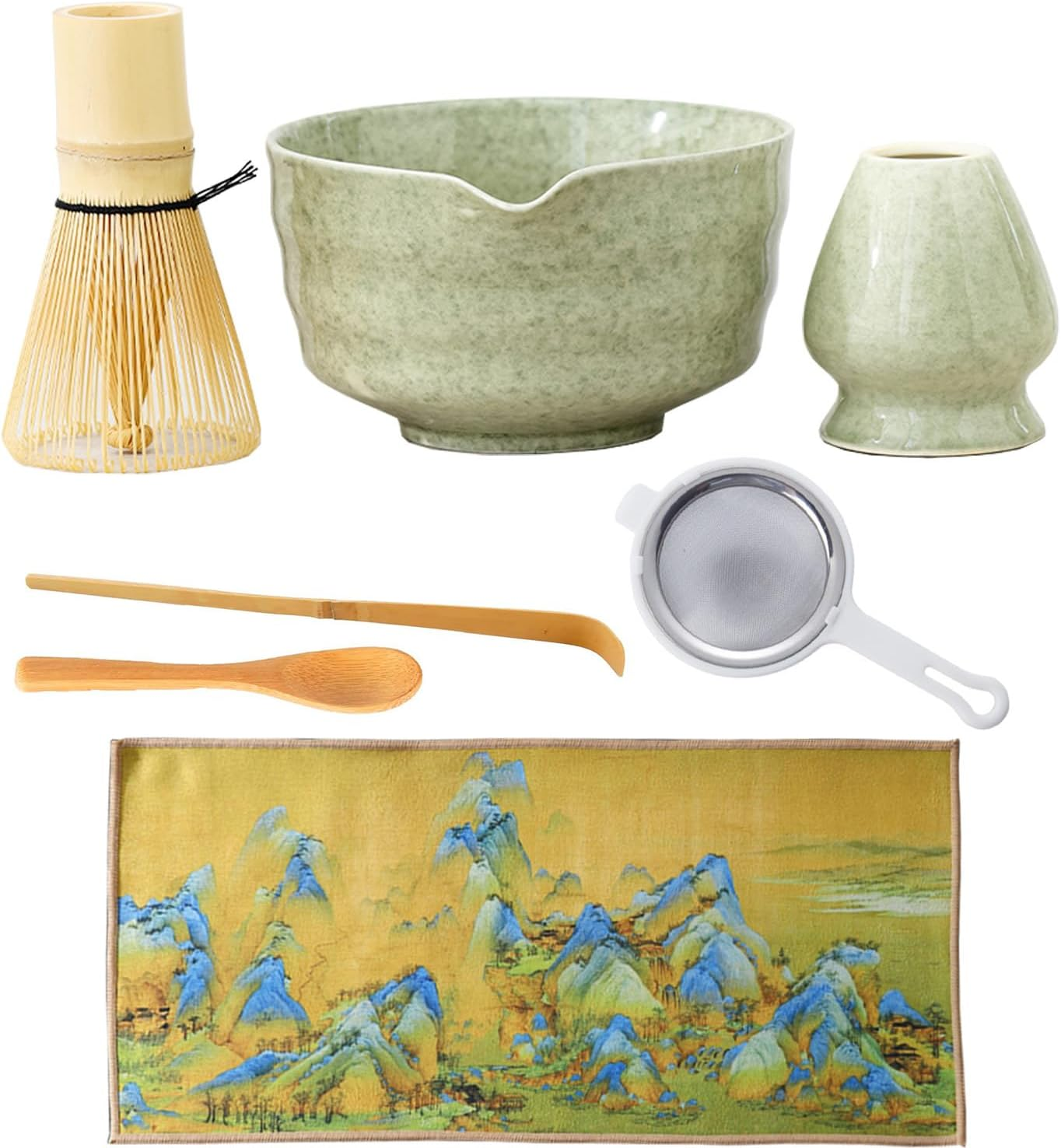 Matcha Whisk Set, Japanese Tea Set Includes Matcha Bowl with Spout, Matcha Whisk Holder, Bamboo Tea Whisk and Bamboo Scoop, Mottled Tea Green Glaze Ceramic Tea Kit for Tea Lovers (Green 7Pcs) image number 2