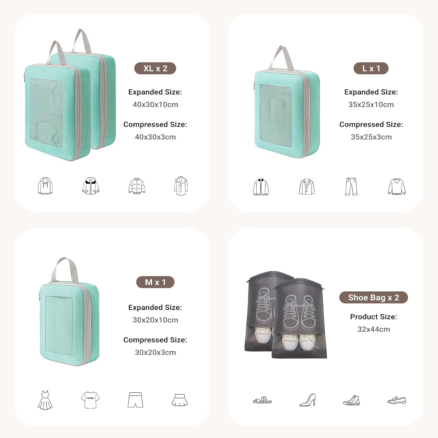 10 Set Lightweight Compression Packing Cubes Travel Organizer for Carry-On Luggage Suitcase Backpack, Space-Saving Luggage Organizer Bags with Extra Shoe Bags, Lake Blue - 10Pcs-Blue image number 2