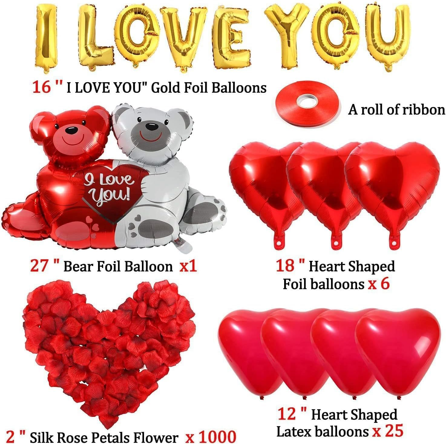 PEKGLOW Valentines Day Balloons Valentines Day Party Decorations Heart Balloons I Love You Balloons Red Petals Teddy Bear Balloon Red Rose Petal Red Heart Balloons Valentines Day Decorations Wedding