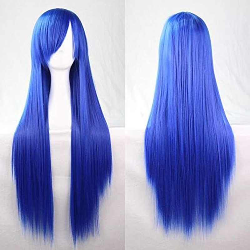 New 80Cm Straight Sleek Long Full Hair Wigs W Side Bangs Cosplay Costume Womens, Dark Purple