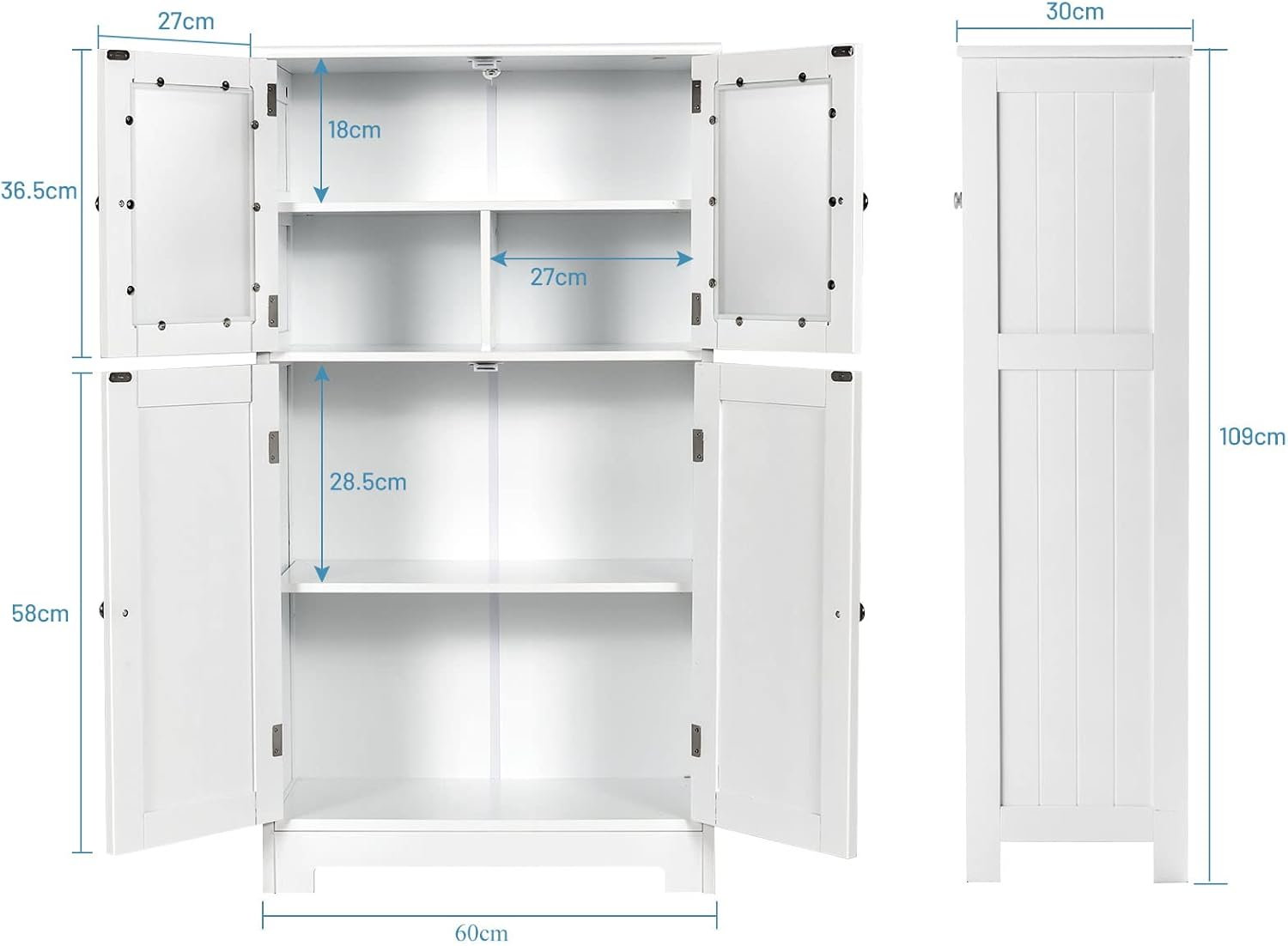 Giantex Bathroom Storage Cabinet, Kitchen Pantry Cabinet W/Tempered Glass Doors & Adjustable Shelf, Freestanding Wooden Floor Cabinet W/Anti-Toppling Device for Dining Room & Living Room (White) - Black image number 7