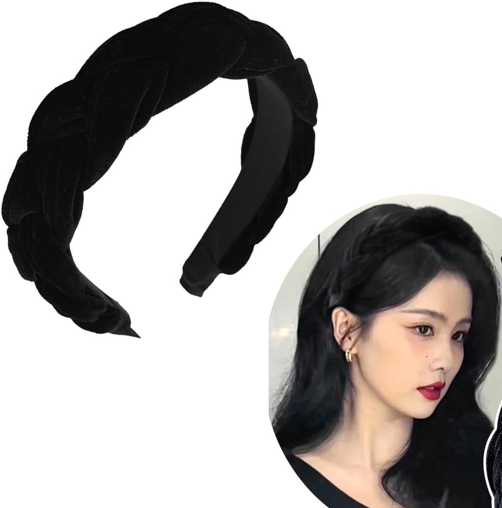 RFTWXHPN Black Velvet Braided Headbands for Women Padded Wide Hair Bands Braid Headband for Women Girls Non Slip Thick Braided Head Bands Chunky Puffy Hair Hoops Band Braids Headband
