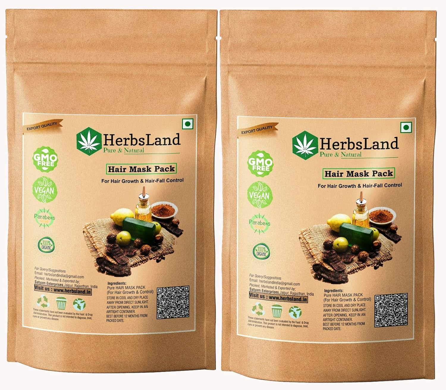 Herbsland&reg; Pure Bio Organic Hair Mask/Pack Powder for Hair Care | Hair Nourishment and Hairfall Control | Scalp with Anti-Dandruff Treatment | Double Filtered for Shiny Hair (100 Gm)